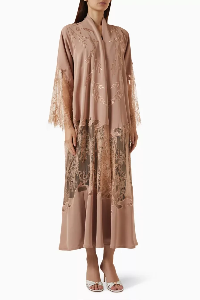 rauaa-official-thread-embroidered-lace-panel-abaya-in-nada - Soigné Middle East