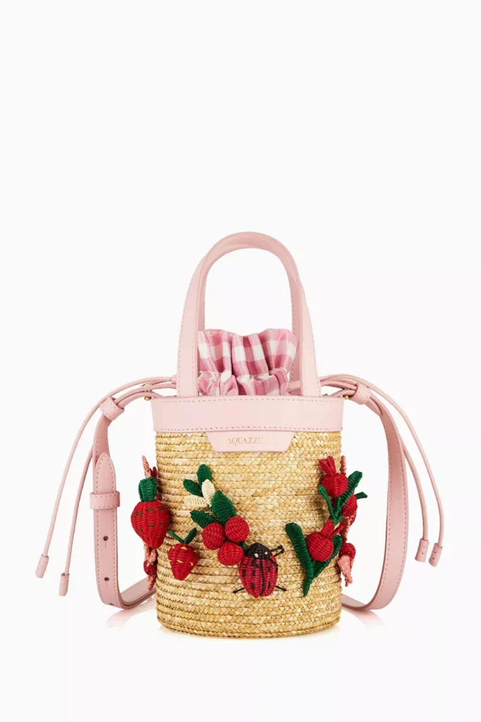 Product image of the Aquazzura Mini Botanica Bucket Bag in Raffia