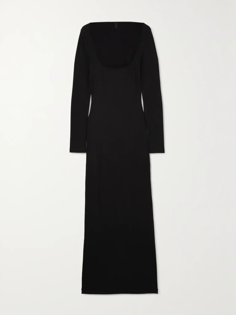 A product image of the SKIMS Soft Lounge Ribbed Stretch modal maxi dress which makes us question, has shapewear replaced modern tailoring?