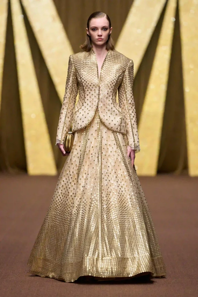 A model walking the Manish Malhotra AW26 show for Dubai Fashion Week