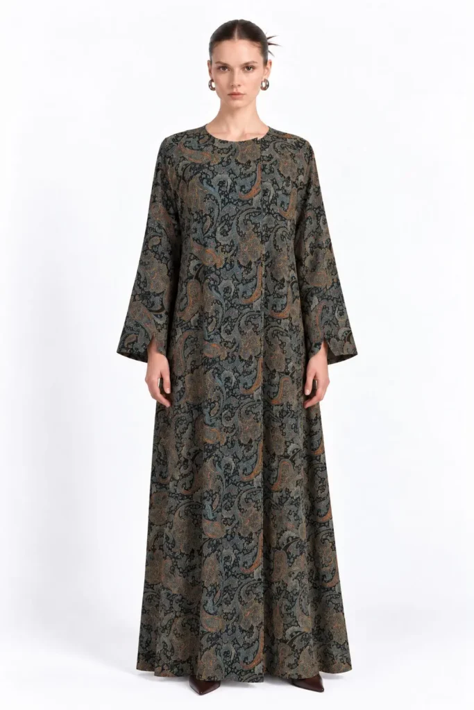 image of a model wearing the Label Four Blue Ember abaya, for our Things to Do in Dubai round up