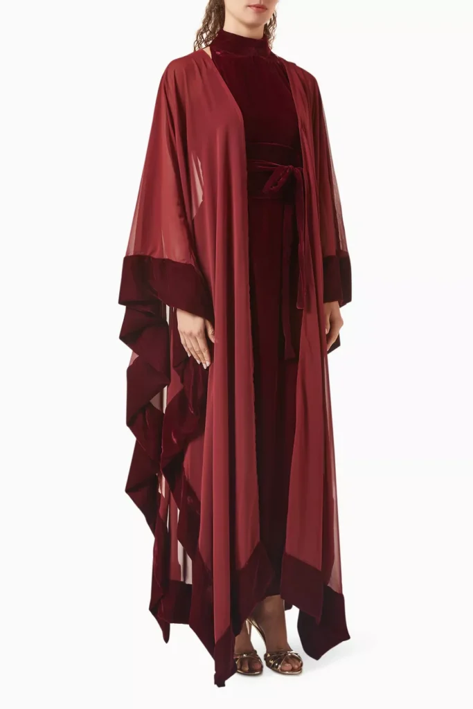image of Roua AlMawally Abaya & Dress Set in Chiffon & Velvet